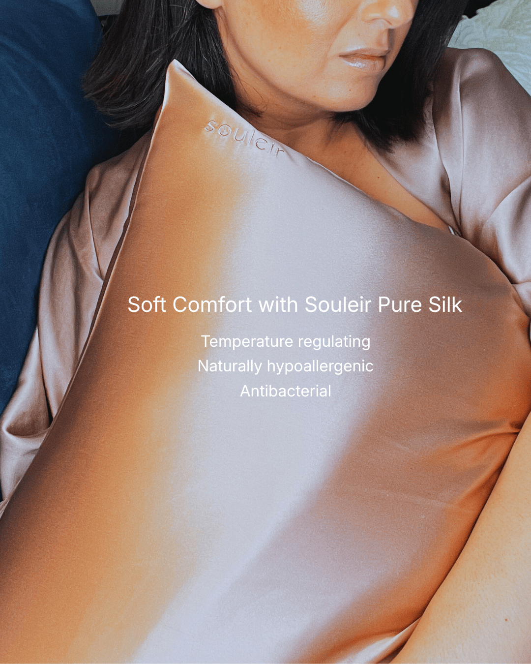 person enjoying luxurious texture of souleirs mulberry silk pillowcase
