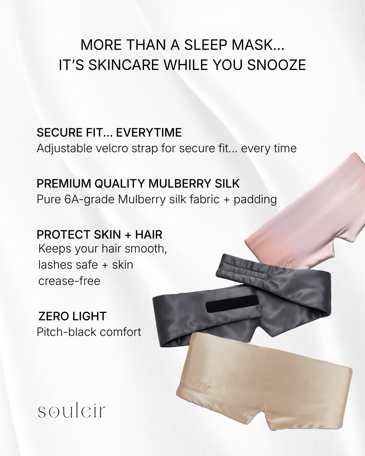 infographic describing features and benefits of souleir mulberry silk padded eye mask