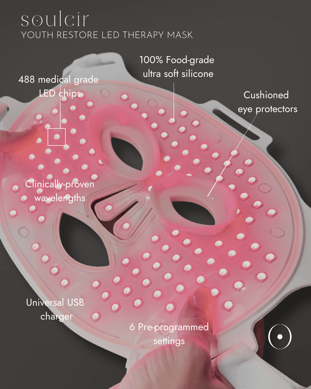 image showing technical specifications of souleir led therapy mask