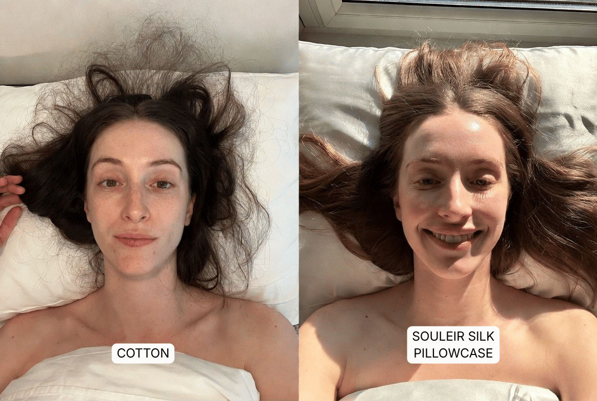 comparison of frizzy hair vs smooth hair after sleeping on souleir mulberry silk pillowcase
