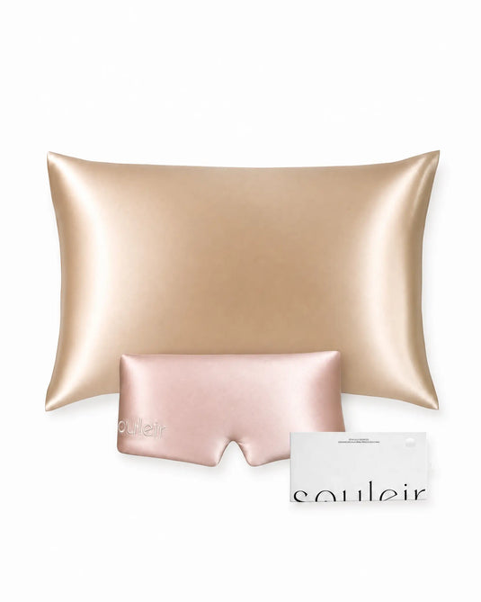 souleir mulberry silk pillowcase sleep mask bundle rose gold champagne