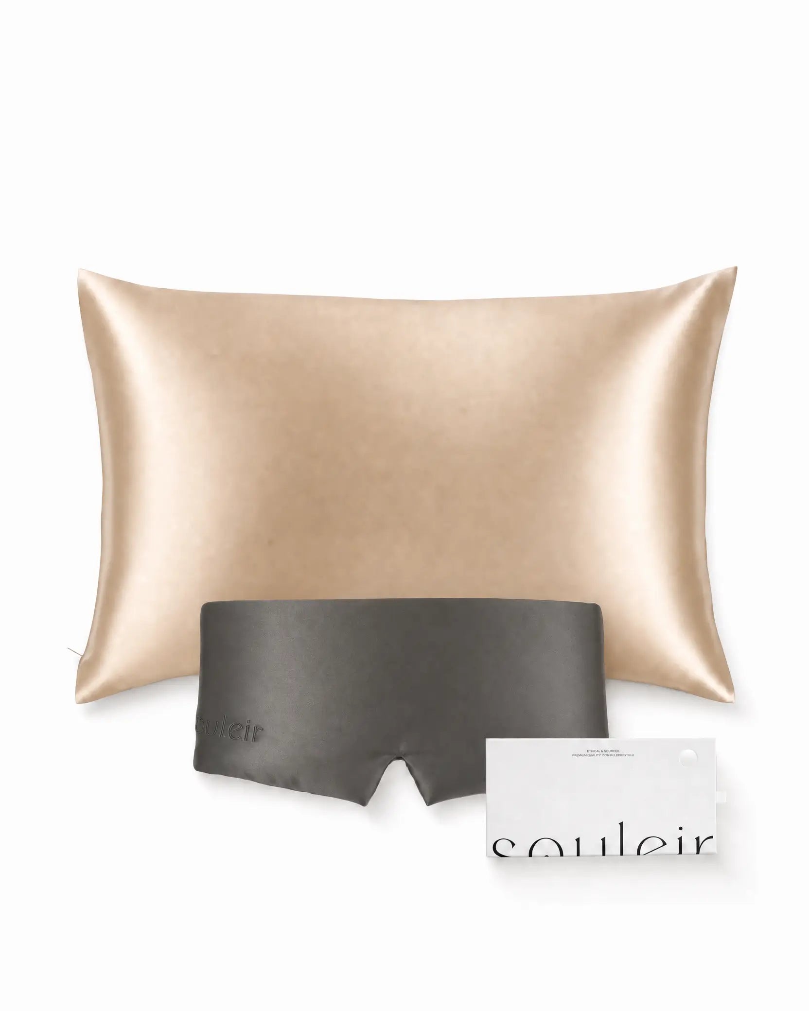 souleir mulberry silk pillowcase sleep mask bundle champagne graphite