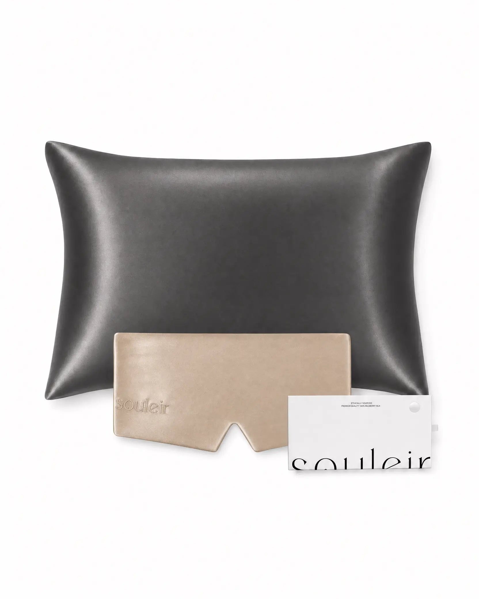 souleir mulberry silk pillowcase and sleep mask bundle graphite champagne