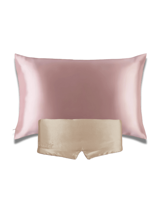 souleir 100% mulberry silk pillowcase & sleep mask rose soft gold champagne bundle