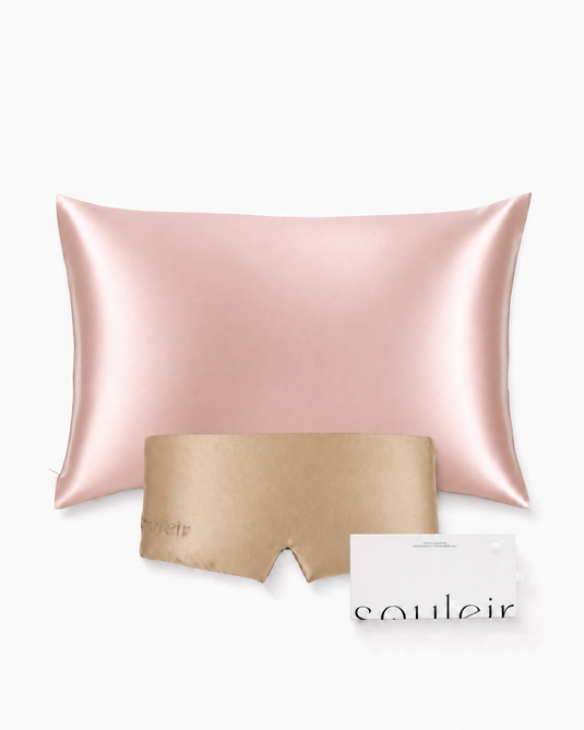 souleir mulberry silk pillowcase and sleep mask bundle rose gold and champagne