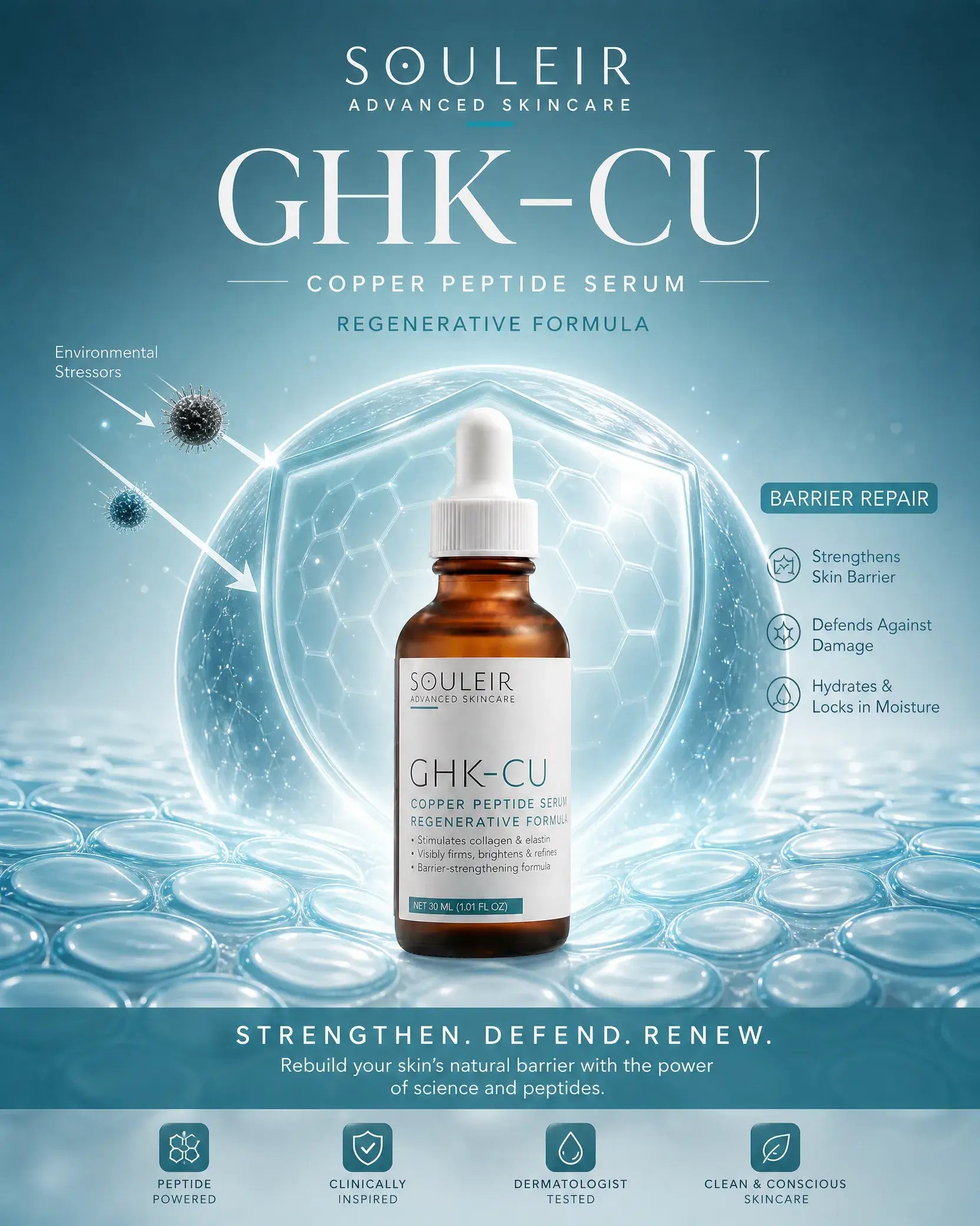ghk-cu Copper Peptide Serum shielding skin cells from environmental stressors to strengthen the skin barrier
