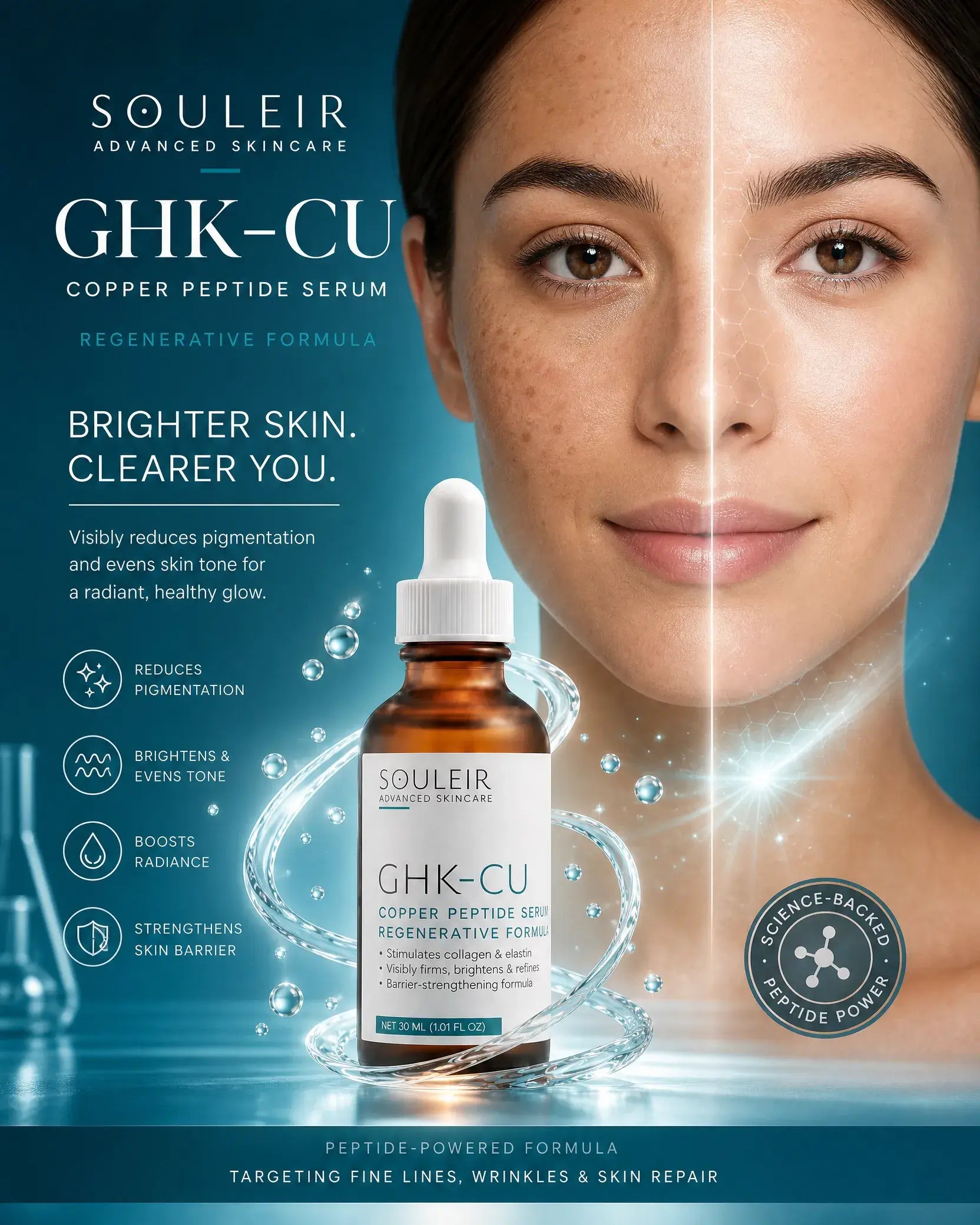 before and after of a woman's face showing reduced appearance of pigmentation and brighter, more even skin tone with Souleir GHK-Cu serum