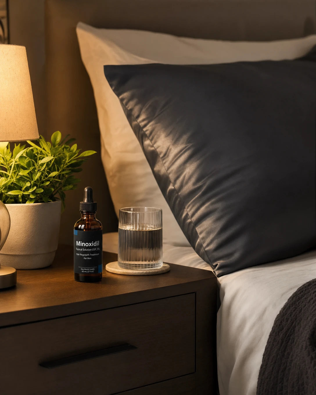 Minoxidil bottle on nightstand beside Souleir graphite silk pillowcase — nightly hair loss routine