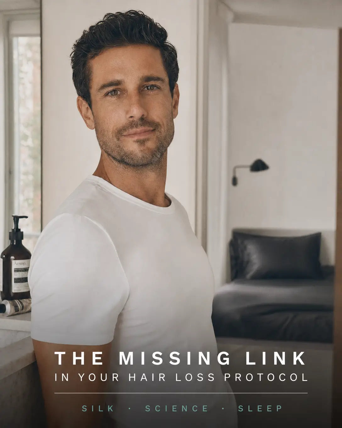 The missing link in your hair loss protocol — silk science sleep, man with graphite silk pillowcase