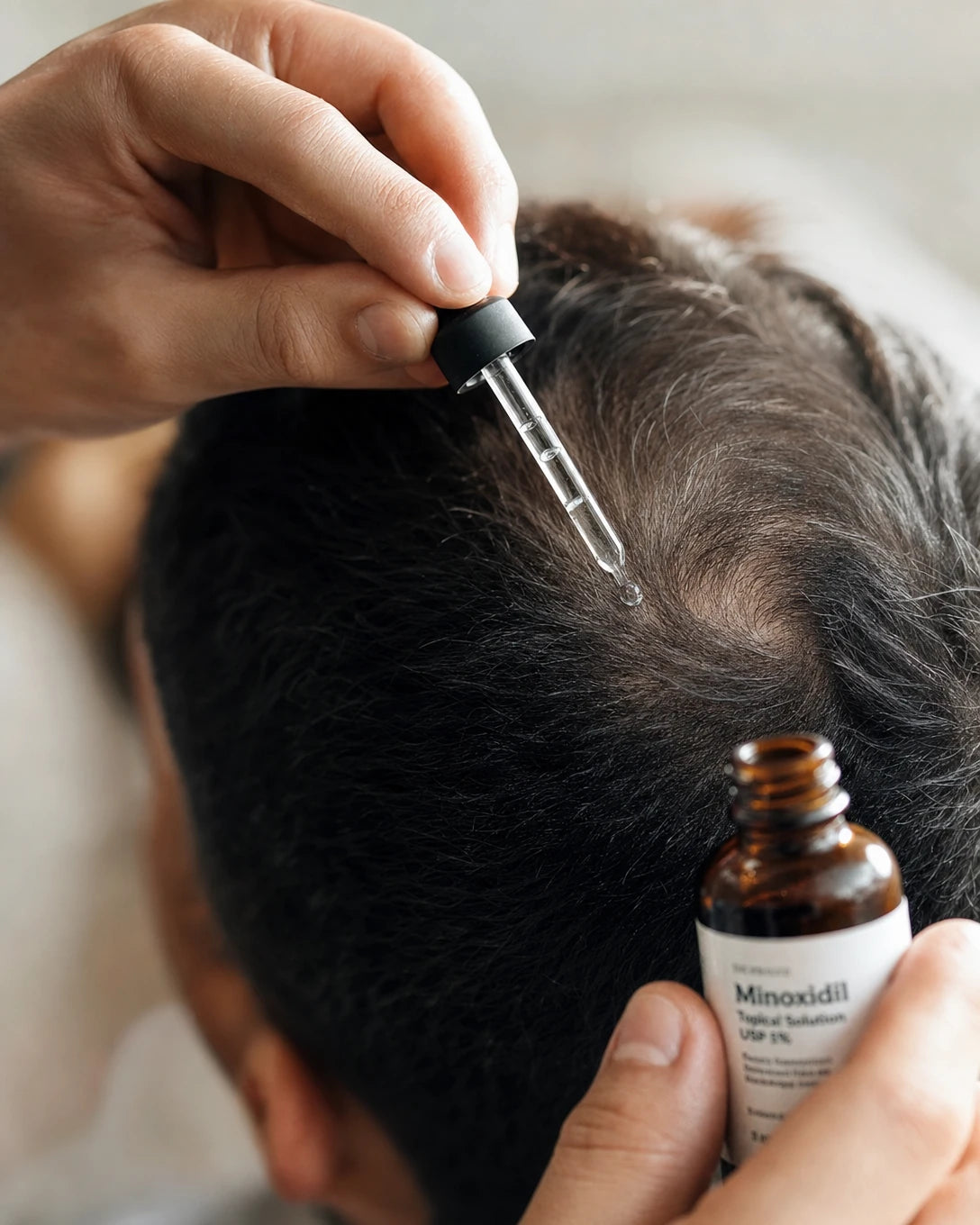 Close-up hands applying Minoxidil serum dropper to crown — silk pillowcase keeps treatment on scalp
