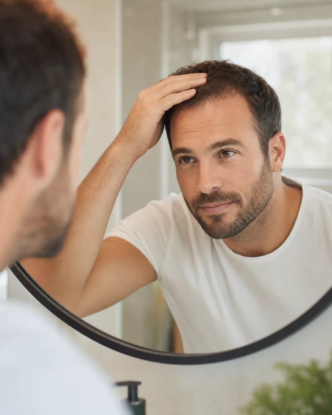 Man checking hairline in mirror after hair transplant recovery — hair transplant recovery Australia