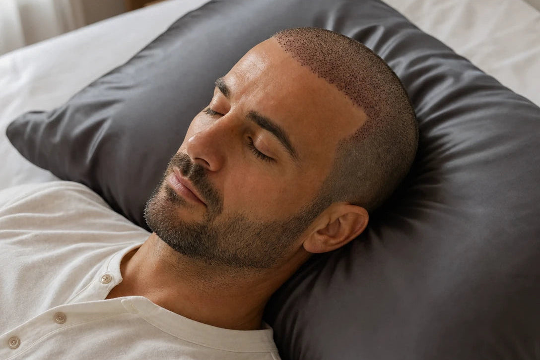 Man recovering from hair transplant resting on Souleir graphite silk pillowcase - post hair transplant care Australia post hair transplant care